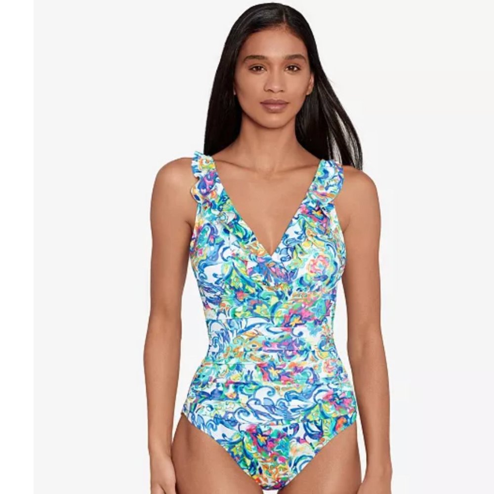 Ralph Lauren Printed Ruffle Surplice Underwire One-Piece Swimsuit - Size 10